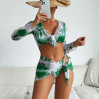 Swimsuit Women Split Four Piece Long Sleeve Internet Celebrity Printed Lace up Bikini Swimsuit Bella Mia