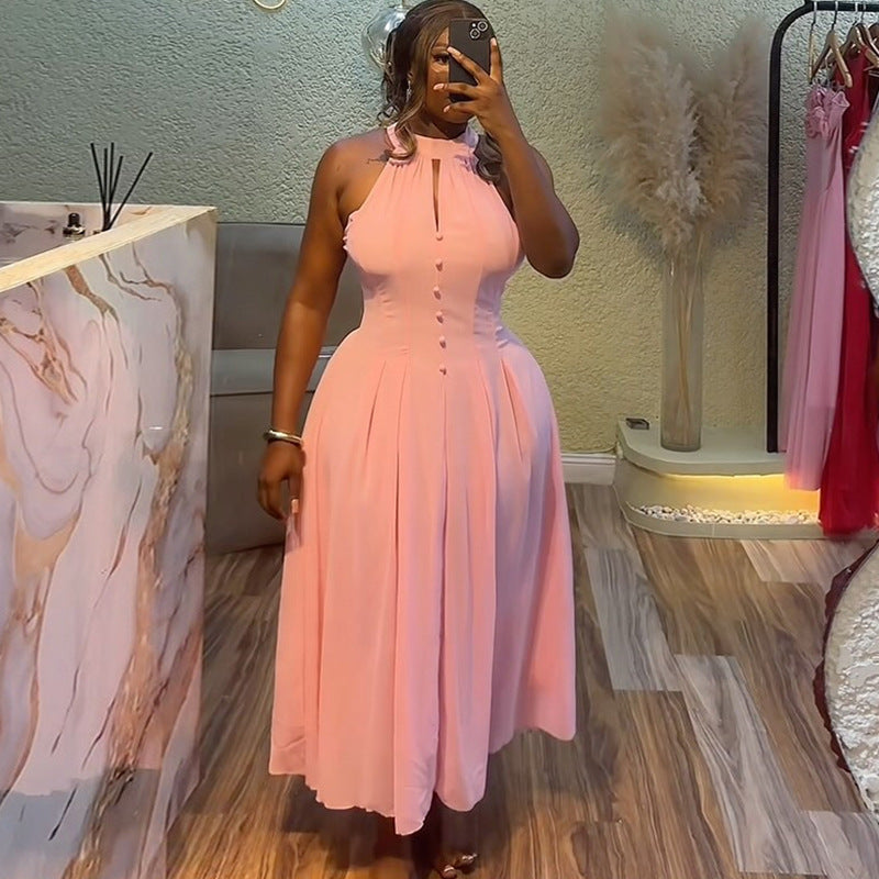 Women Clothing Summer Elegant Halter Sleeveless Waist Slimming Pink Mid Length Dress Bella Mia