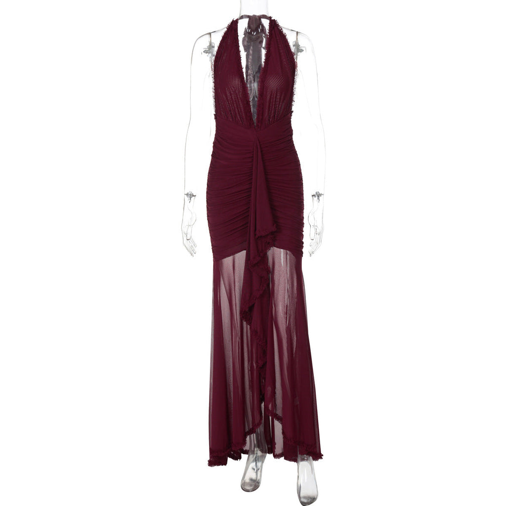 Summer Mesh Stitching Elegant Dress Maxi Dress V neck Halter Backless Sexy Dress Women Bella Mia