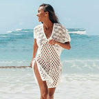 Blouse Women Knitted Hollow Out Cutout out V neck Pullover Short Sleeve Smock Dress Women Breathable Bella Mia