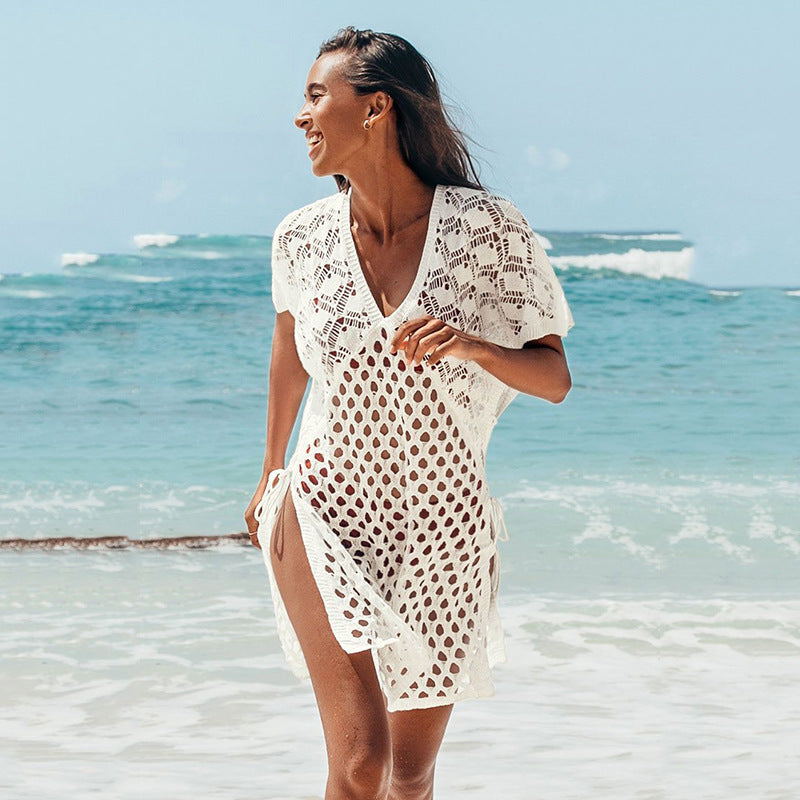 Blouse Women Knitted Hollow Out Cutout out V neck Pullover Short Sleeve Smock Dress Women Breathable Bella Mia