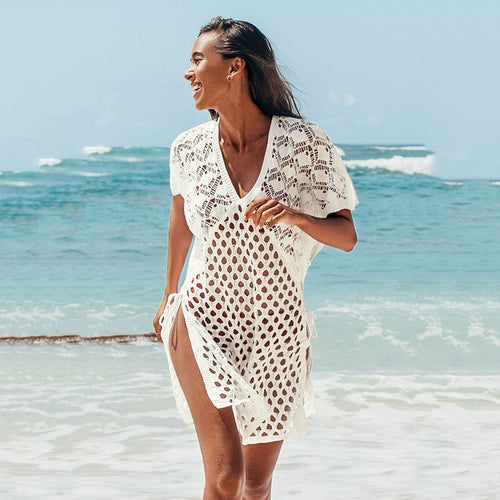 Blouse Women Knitted Hollow Out Cutout out V neck Pullover Short Sleeve Smock Dress Women Breathable Bella Mia