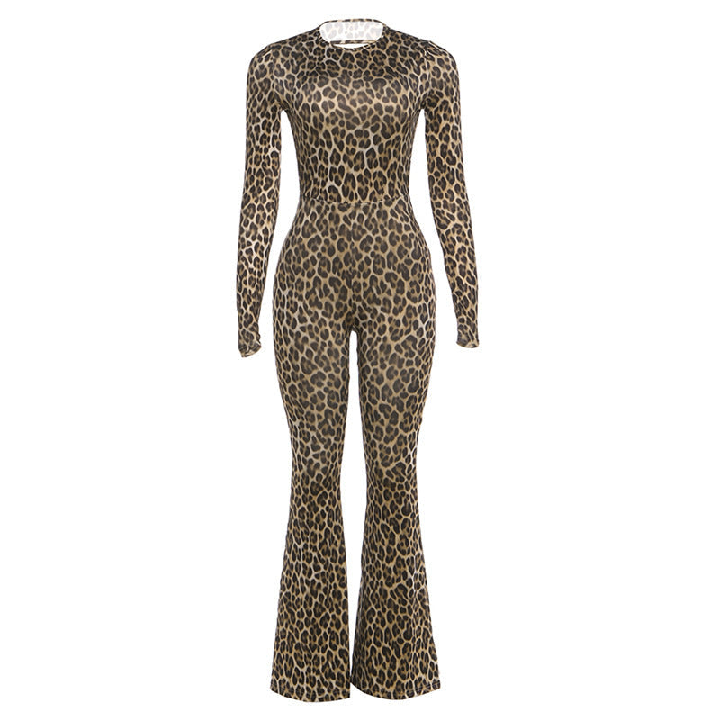 Spring Women Clothes Personality round Neck High Waist Slim Fit Backless Leopard Print Long Sleeve Jumpsuit Women Bella Mia