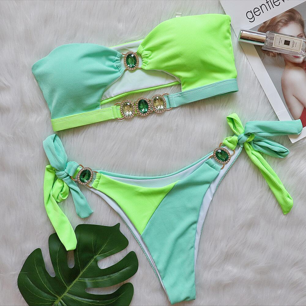 Sexy Crystal Diamond Bikini Removable Chest Pad Swimsuit Stitching Tube Top Strap Split Swimsuit Bella Mia