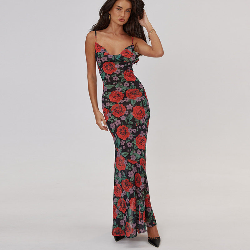 Spring Fashionable Sexy V neck Elegant All Match Slim Fit Long Printed Cami Dress for Women Bella Mia