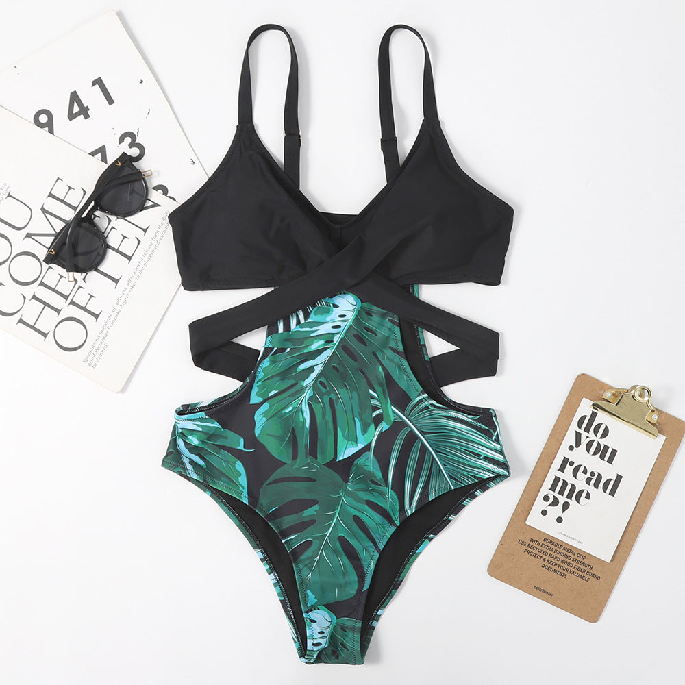 One-Piece Leaf-Shaped Floral Color Matching Women Swimsuit Lace-up Sexy Triangle Bikini Bella Mia