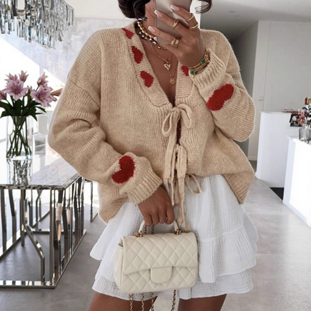 Outer Wear Stitching Sweater Coat Lace up Love Jacquard Knitted Cardigan Women Bella Mia