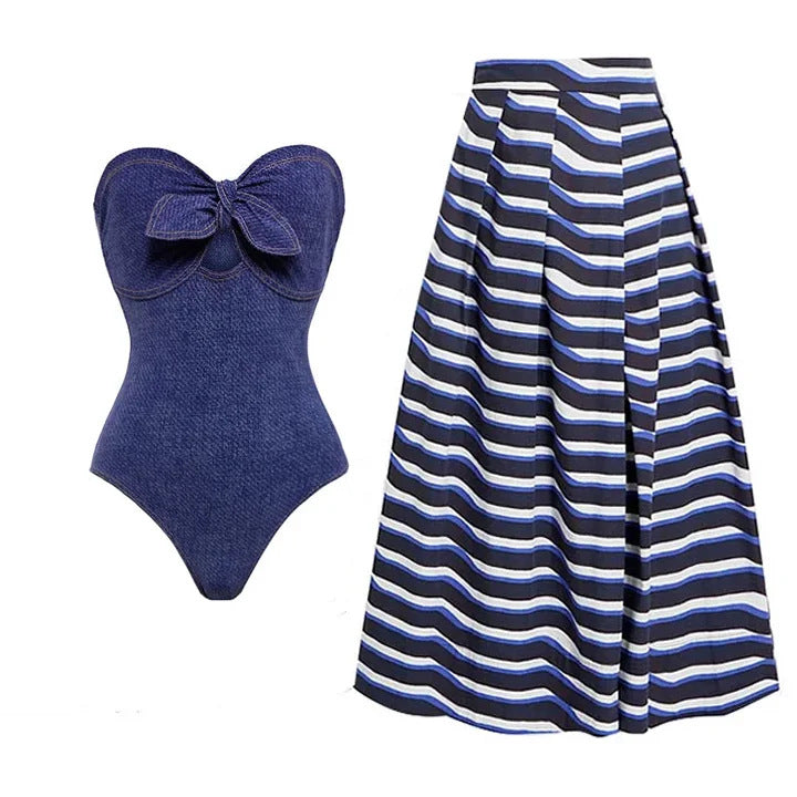 【MOQ-5 packs】 Cowboy Siamese Women Swimsuit European French Retro Cover Belly Slimming Swimsuit Vacation Beach Dress Bella Mia