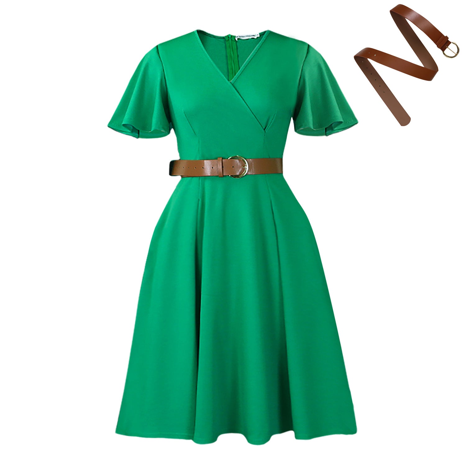 Women Clothing Elegant Solid Color V neck Flared Sleeves Dress