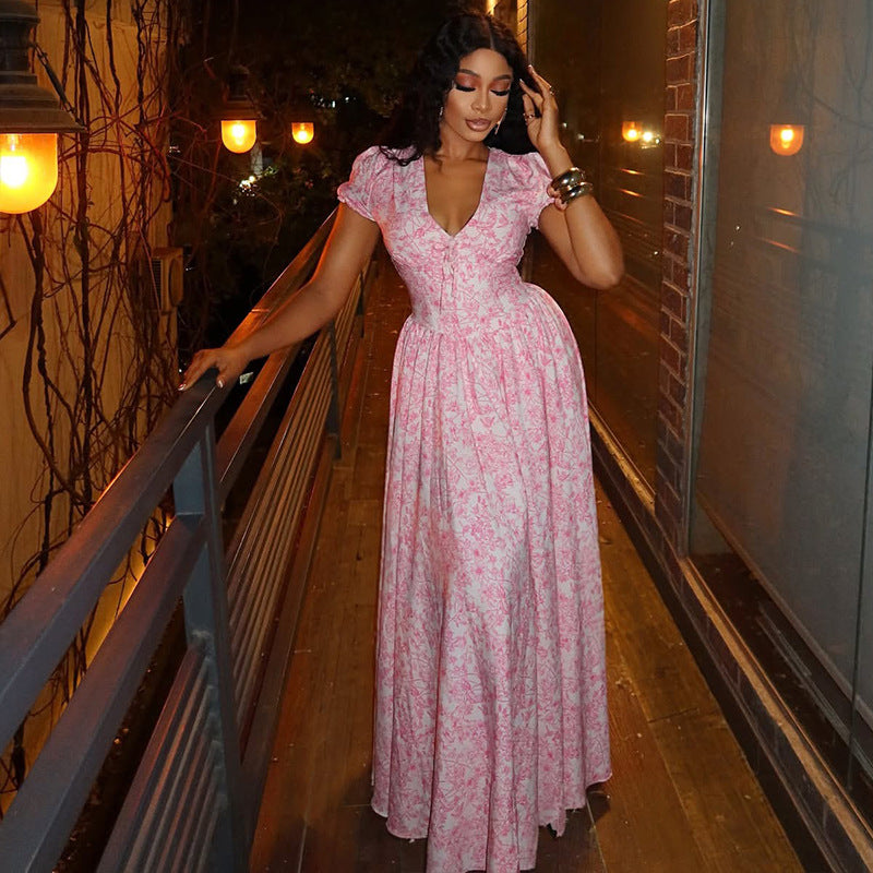 Sweet Women Clothing Printing Elegant A line Dress Pleated V neck Bubble Sleeve Length Dress Bella Mia