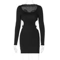 Women Clothing Spring Solid Color Sexy Waist Hollow Out Cutout out Lace up Slimming Slim Dress Bella Mia