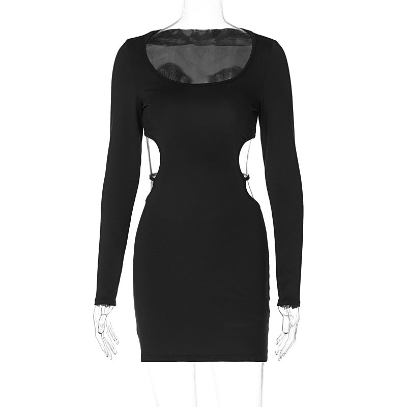 Women Clothing Spring Solid Color Sexy Waist Hollow Out Cutout out Lace up Slimming Slim Dress Bella Mia