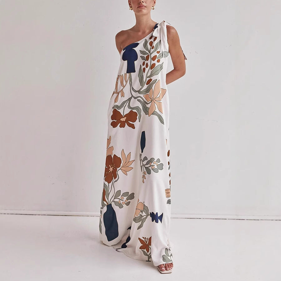 Spring Summer Oblique Shoulder Printed Pocket Dress Casual Loose Vacation Dress Bella Mia