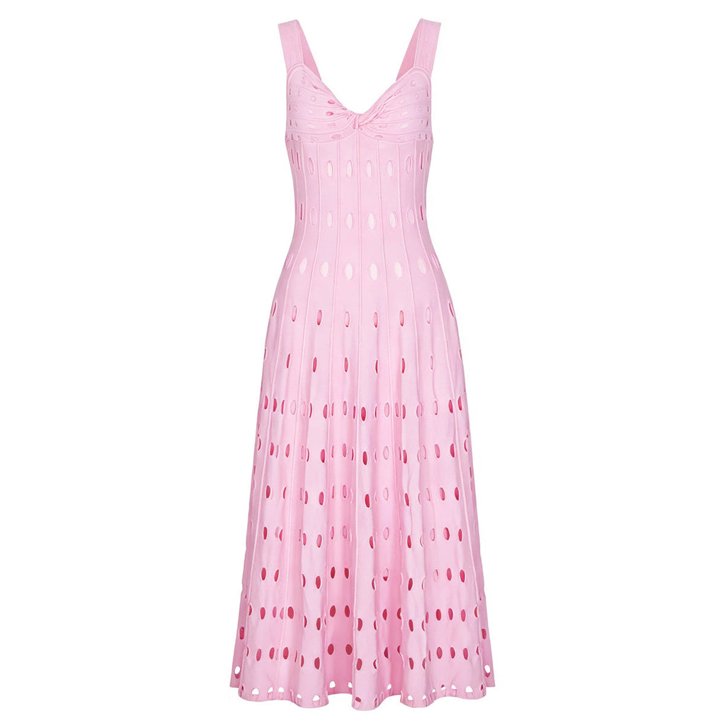 Summer Sleeveless V neck Knitted All Matching Slim Fit Figure Flattering Sleeveless Sling Mid Length Dress