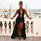 Spring Women Elegant Sexy Cutout Halter Mesh Stitching Trailing Dress Women Bella Mia
