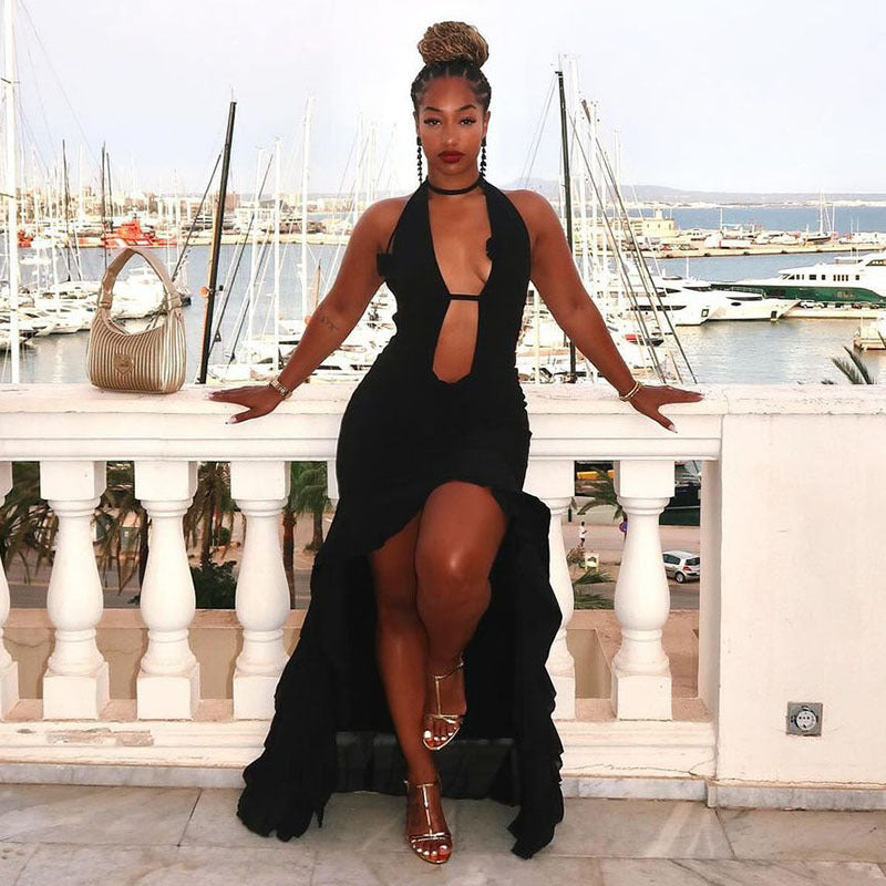 Spring Women Elegant Sexy Cutout Halter Mesh Stitching Trailing Dress Women Bella Mia