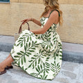 Summer Fresh Seaside Vacation Cami Dress Tight Waist Green Leaf Printed Dress