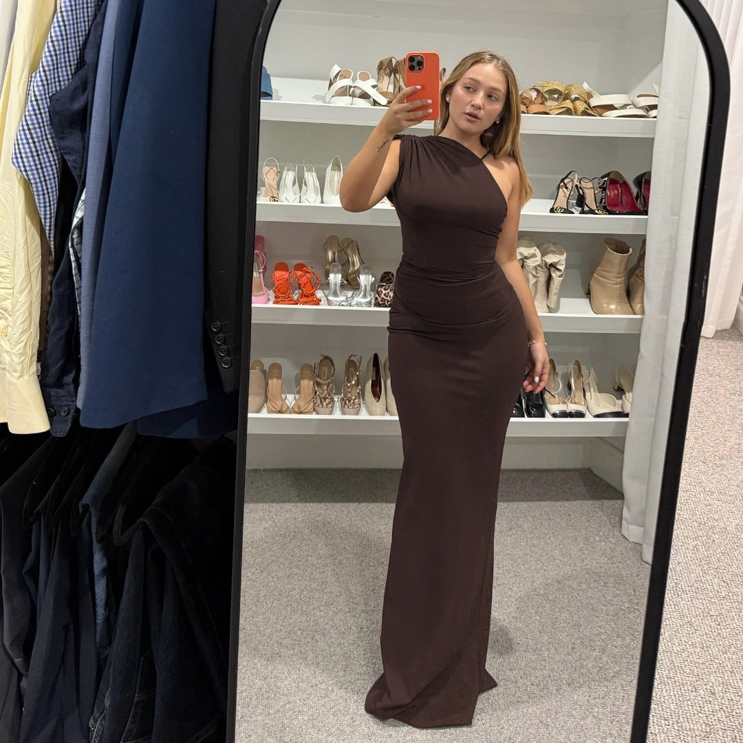 Women Clothing Summer Sexy Slant Shoulder High Waist Slim Fit Slimming Solid Color Sheath Dress Bella Mia