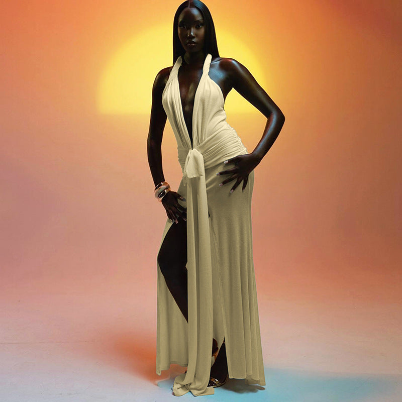 Women Autumn Winter Women Sexy Backless Halter Deep V Plunge neck Solid Color Split Dress Women Bella Mia