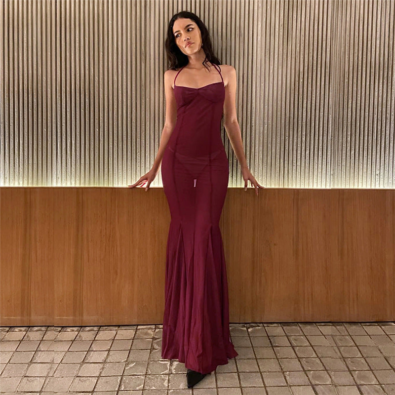 Women Clothing Spring Summer Sexy Mesh Solid Color See through Slim Halter Lace up Dress Bella Mia