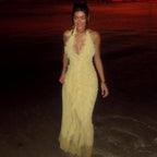 Women Clothing Fashionable Temperamental All Match Solid Color Deep V Plunge Sexy Halter Backless Sling Dress Bella Mia