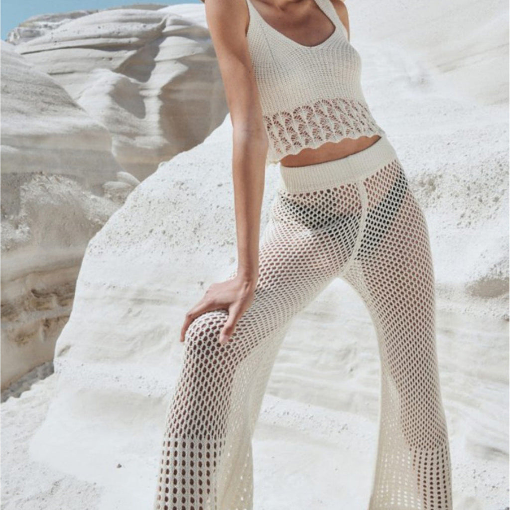 Sexy Hollow Out Cutout out See through Loose Sleeveless Beach Shirt Casual Vacation Trousers Sun Proof Set Bella Mia