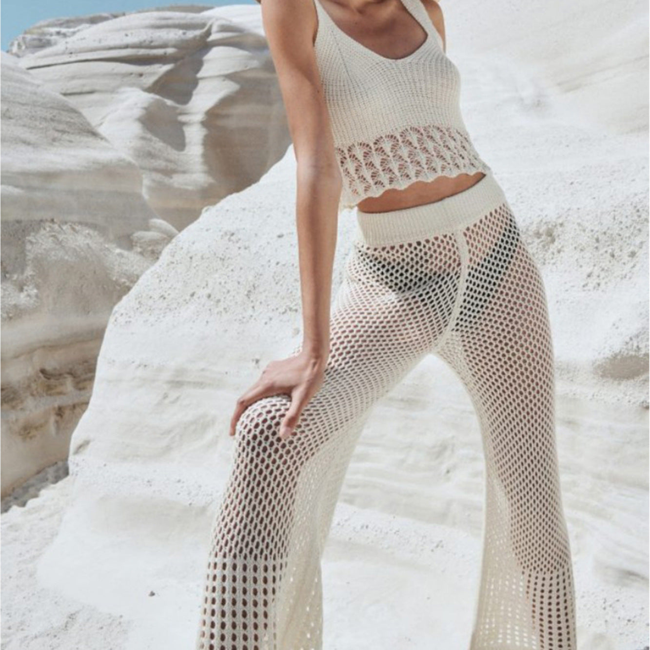 Sexy Hollow Out Cutout out See through Loose Sleeveless Beach Shirt Casual Vacation Trousers Sun Proof Set Bella Mia