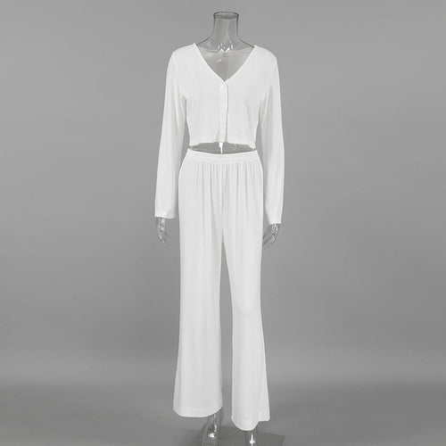 Autumn Winter White Knitted Fabric Jacquard Home Wear Long Sleeves Cropped Trousers Two Piece Soft Pajamas Bella Mia