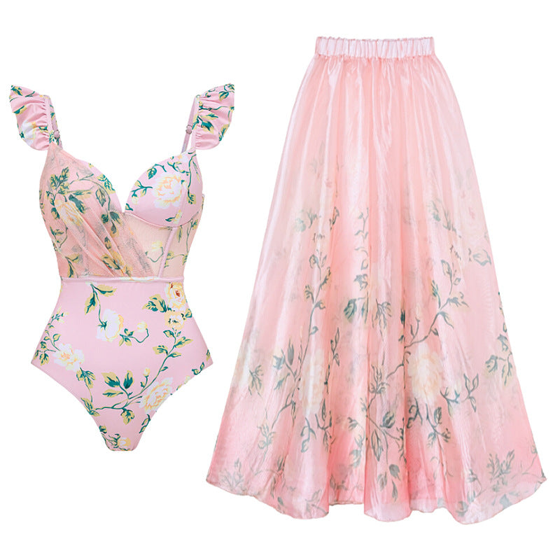 Floral Decorative Mesh Split Swimsuit Women High Waist Bikini Umbrella Skirt Bella Mia