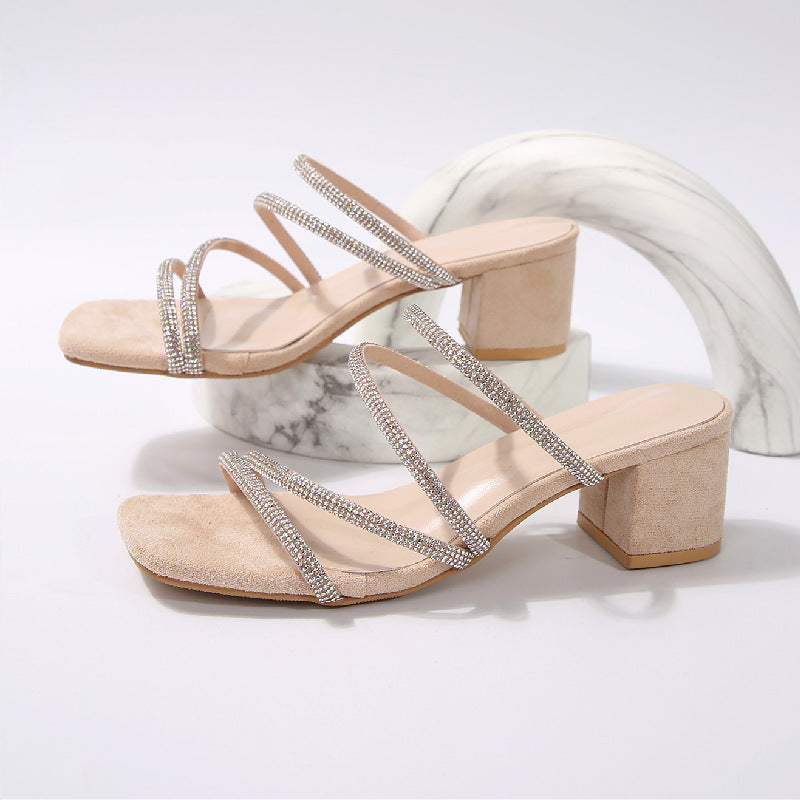 Chunky Heel Rhinestone Thin Strap Mid Heel Sandals Women Two Way Square Toe Slippers Bella Mia