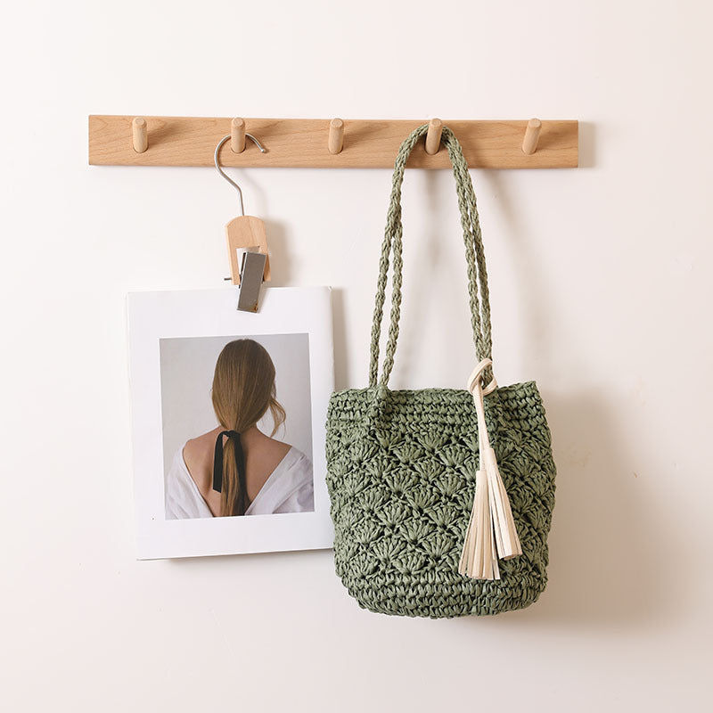 Tassel Shoulder Straw Bag Fan Hollow Out Cutout Pattern Woven Bag Women Vacation Beach Bag Women Bag Bella Mia