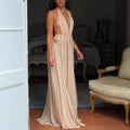 Summer Deep V Plunge neck Long Evening Dress Pleated Halter Backless Dress Women
