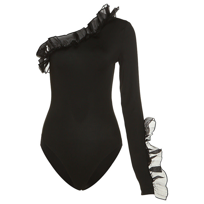 Autumn Winter Women Clothing Mesh Flying Shoulder Sleeve Slim Sheath Bodysuit T shirt for Women Bella Mia