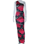Floral Printed Sexy Oblique Shoulder Sleeveless Pullover Sheath Maxi Dress Women Bella Mia