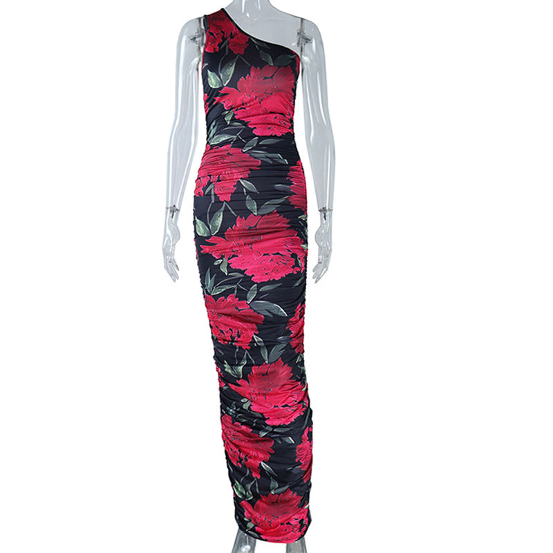 Floral Printed Sexy Oblique Shoulder Sleeveless Pullover Sheath Maxi Dress Women Bella Mia