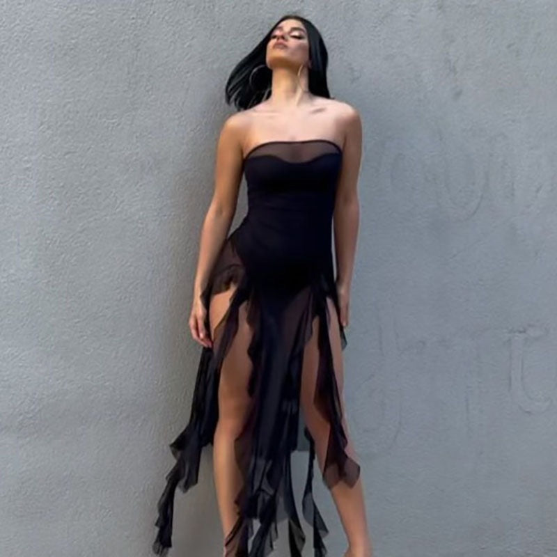 Women Clothing Summer Sexy Tube Top See through Korean Net Stitching Jellyfish Lace Dress