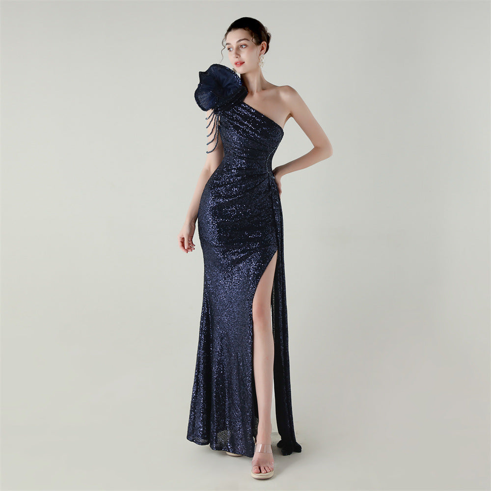 Craft Floral Beaded One Shoulder Diagonal Collar Fishtail Evening Dress Dinner Wedding Awards Ceremony Social Dress Bella Mia