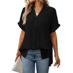 Summer Women V neck Short Sleeve Striped Loose Plaid Shirt Bella Mia