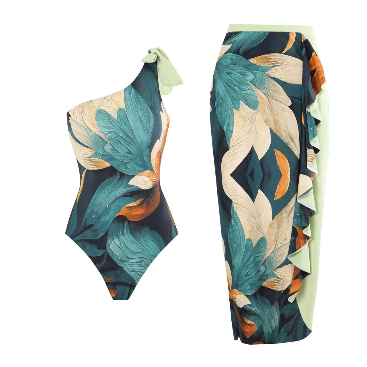 Retro One Piece Swimsuit Sexy One Shoulder Swimwear Printed Beach Skirt Set Bella Mia