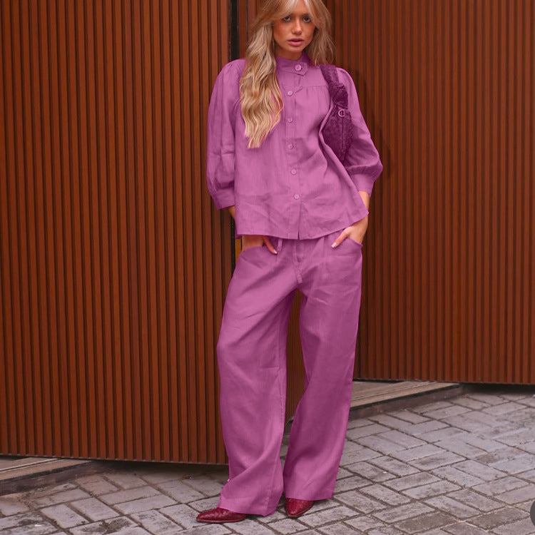 Stand up Collar 3/4 Sleeve Cardigan Shirt Loose Trousers Casual Two Piece Sets Shirt Women
