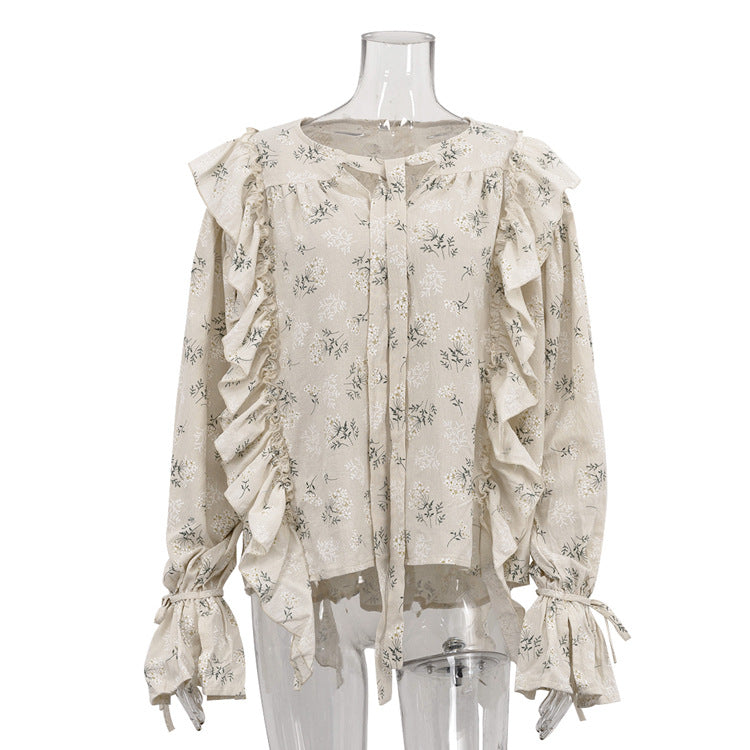 French Design Ruffled Tied Printed Shirt Women Arrival round Neck Flared Sleeves All Match Office Top Bella Mia