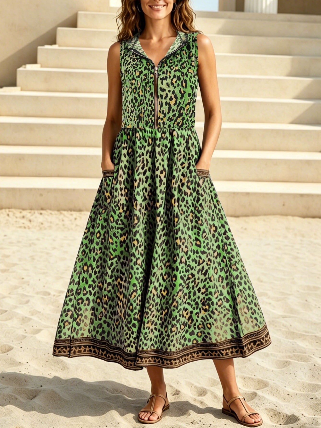 Casual Leopard Print Printed Dress Hooded Zipper Pocket Beach Dress
