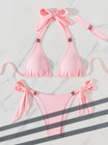 Solid Color Split Two Piece Set Bikini Sexy Strap Headwear Women Swimsuit T Back Swimwear Bella Mia