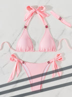 Solid Color Split Two Piece Set Bikini Sexy Strap Headwear Women Swimsuit T Back Swimwear Bella Mia