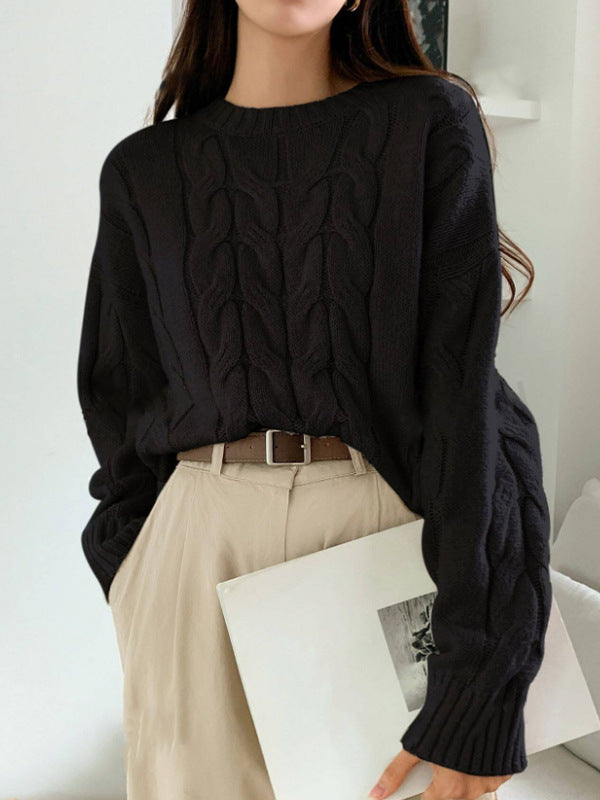 Autumn Winter Women Cable Knit Pullover Sweater Loose round Neck Solid Color All Matching Trendy Knitwear Top Bella Mia