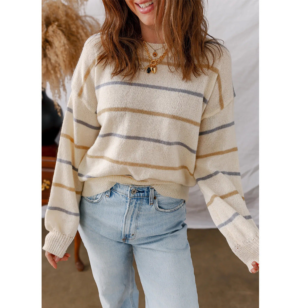 Women Casual Color Striped Pullover Long Sleeve Loose Sweater Bella Mia
