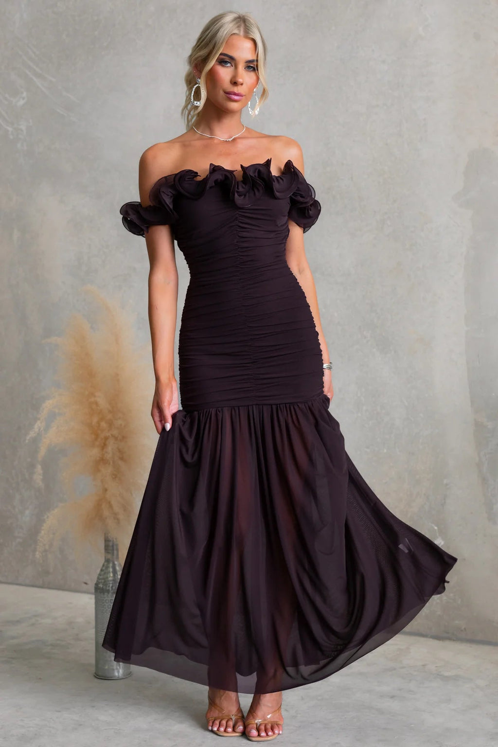 Spring Summer Solid Color Mesh Slim Fit Sexy Vacation off Shoulder Dress Bella Mia