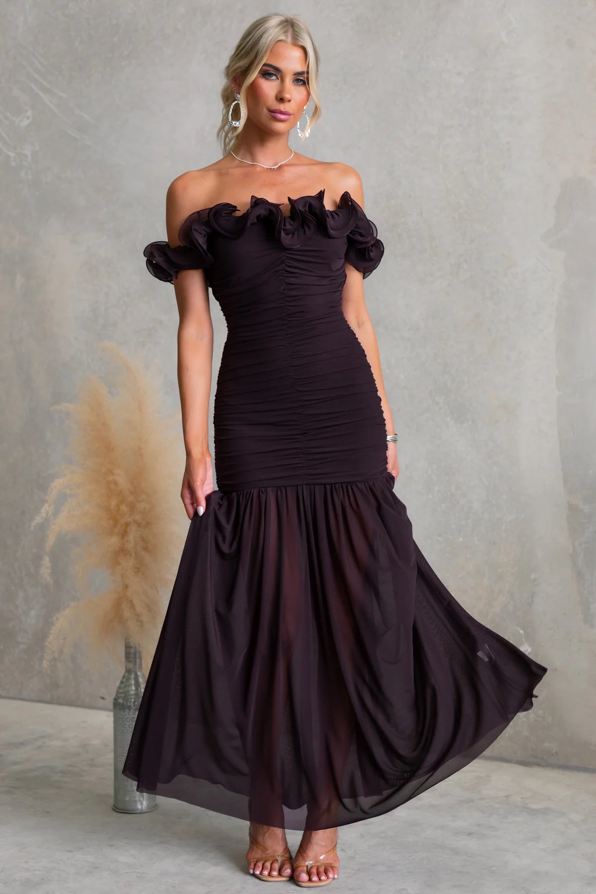 Spring Summer Solid Color Mesh Slim Fit Sexy Vacation off Shoulder Dress Bella Mia