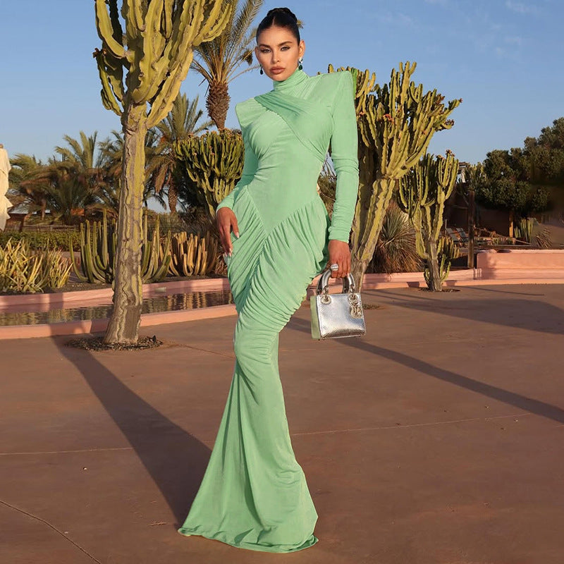 Fall Women Clothing Solid Color Turtleneck Backless Stitching Pleated Slim Fit Dress Bella Mia