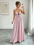 Casual Sleeveless Halter Fitted Waist Striped Color Matching Long Maxi Dress Bella Mia